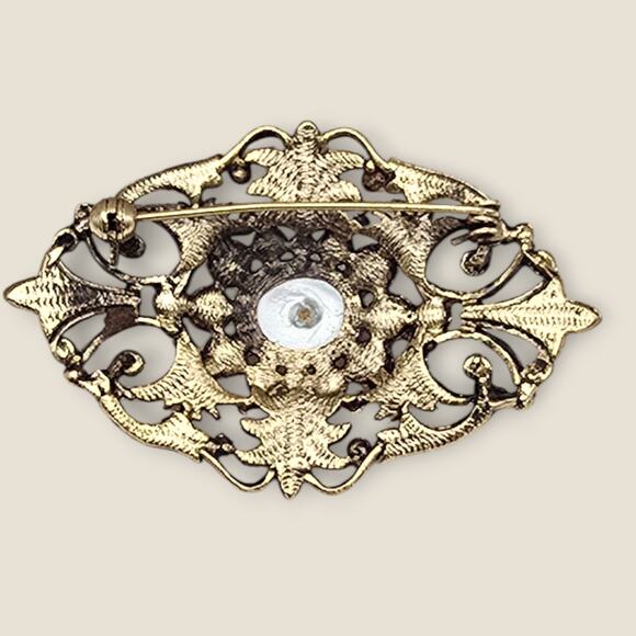 Vintage Gold Pearl Filigree Brooch – Regency Victorian Style Pin - Picture 4 of 7